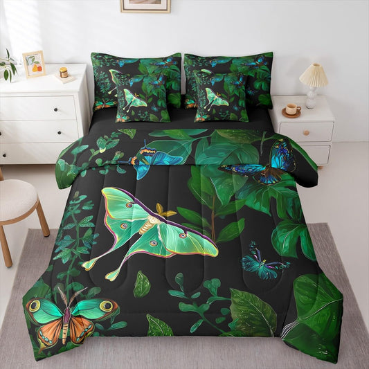 Erosebridal Colorful Butterfly Comforter Set Moth Bed in A Bag King Size 7 Pieces Palm Leaves Banana Bed Set Hawaiian Tropical Leaves Bedding