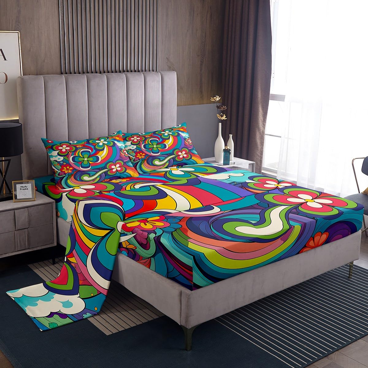 Hippie Boho Floral Bedding Set Colorful Groovy Flower Power Bed Sheets Full Psychedelic Spring Garden Botanical Sheet Set For Girls Teen Women 60S 70S Bohemian Fitted Sheet + Flat Sheet 4 Pcs