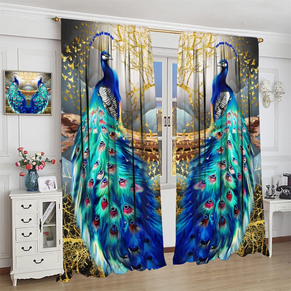 Peacock Curtains,Beautiful Two Peacock Golden Butterfly Tree Art Pattern Window Drapes for Living Room Bedroom Kitchen Decor,Rod Pocket Room Decor Curtains,42 x 45 Inch
