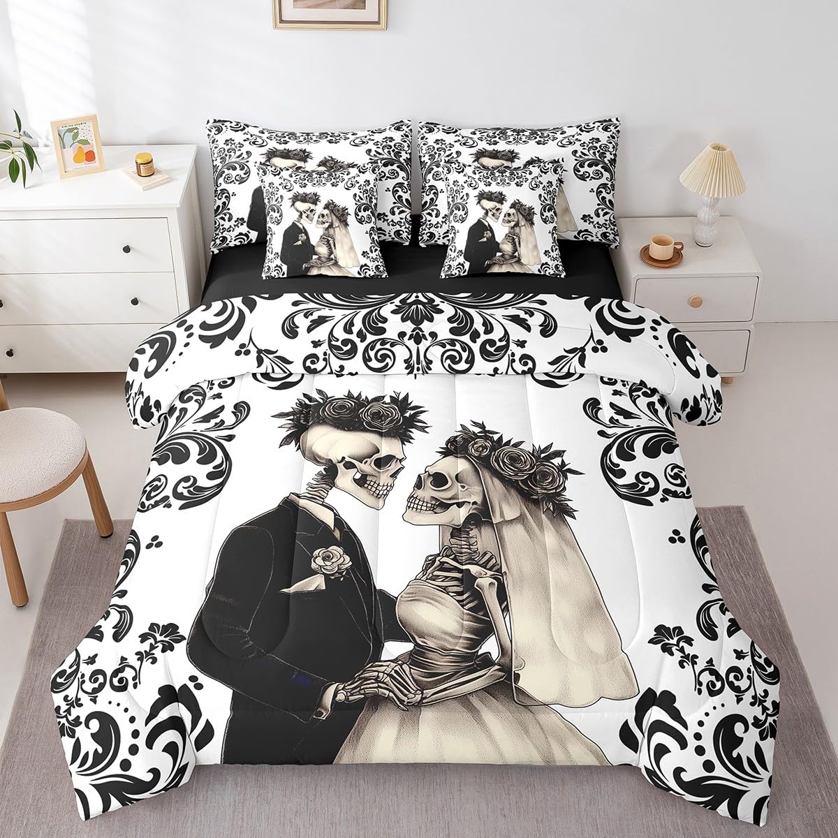 Erosebridal Skull Gothic Queen Bedding Set 7 Piece for Couple Wife Husband,Black White Damask Skull Goth Bed in A Bag,Wedding Anniversary Valentines Day Comforter Set with Sheets Romantic Bed Set