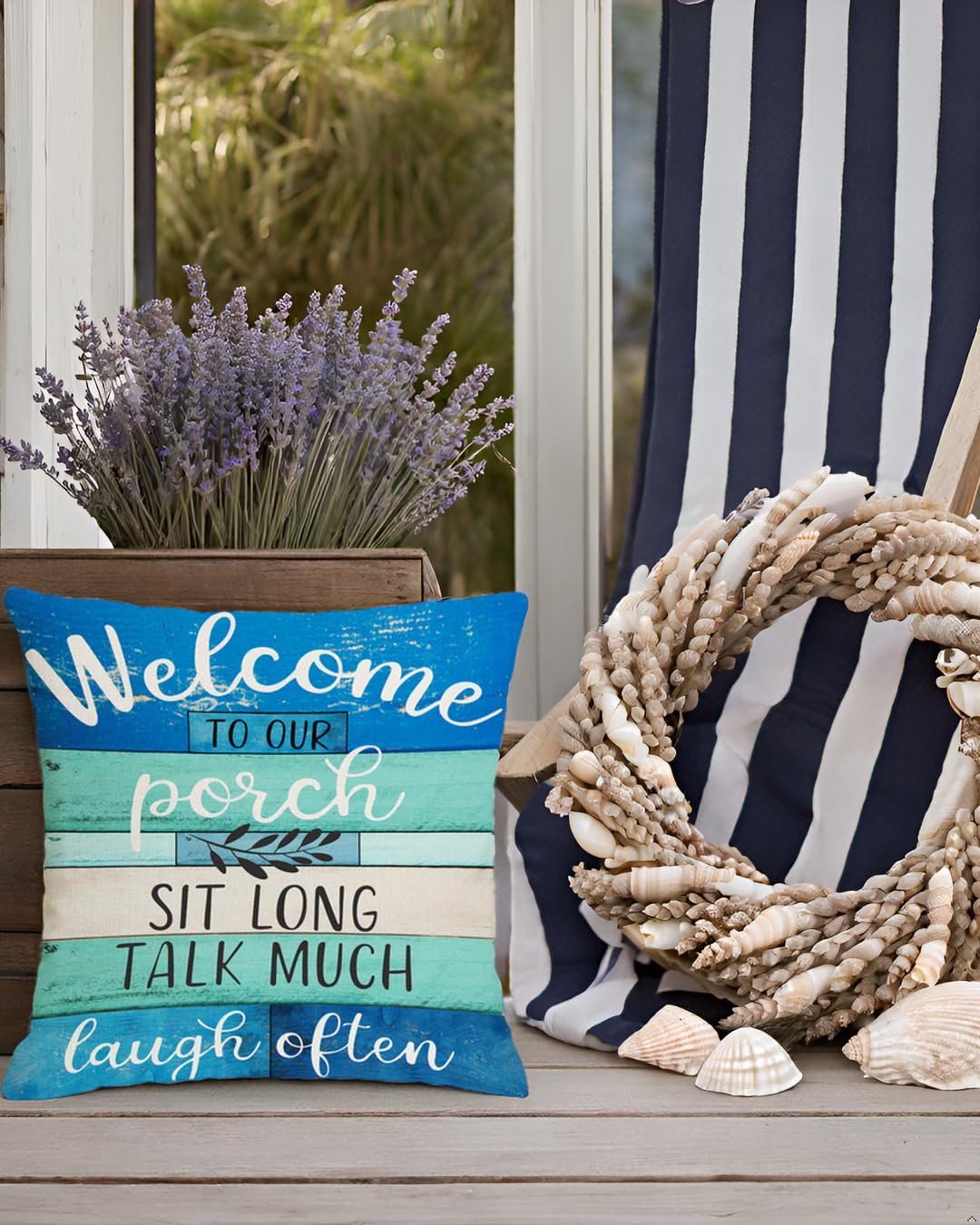 Jartinle Waterproof Outdoor Pillow Covers 18x18 - Turquoise Blue Beige Woodgrain Coastal Farmhouse Welcome to Porch Decorative Cushion Covers for Patio Furniture, Set of 2
