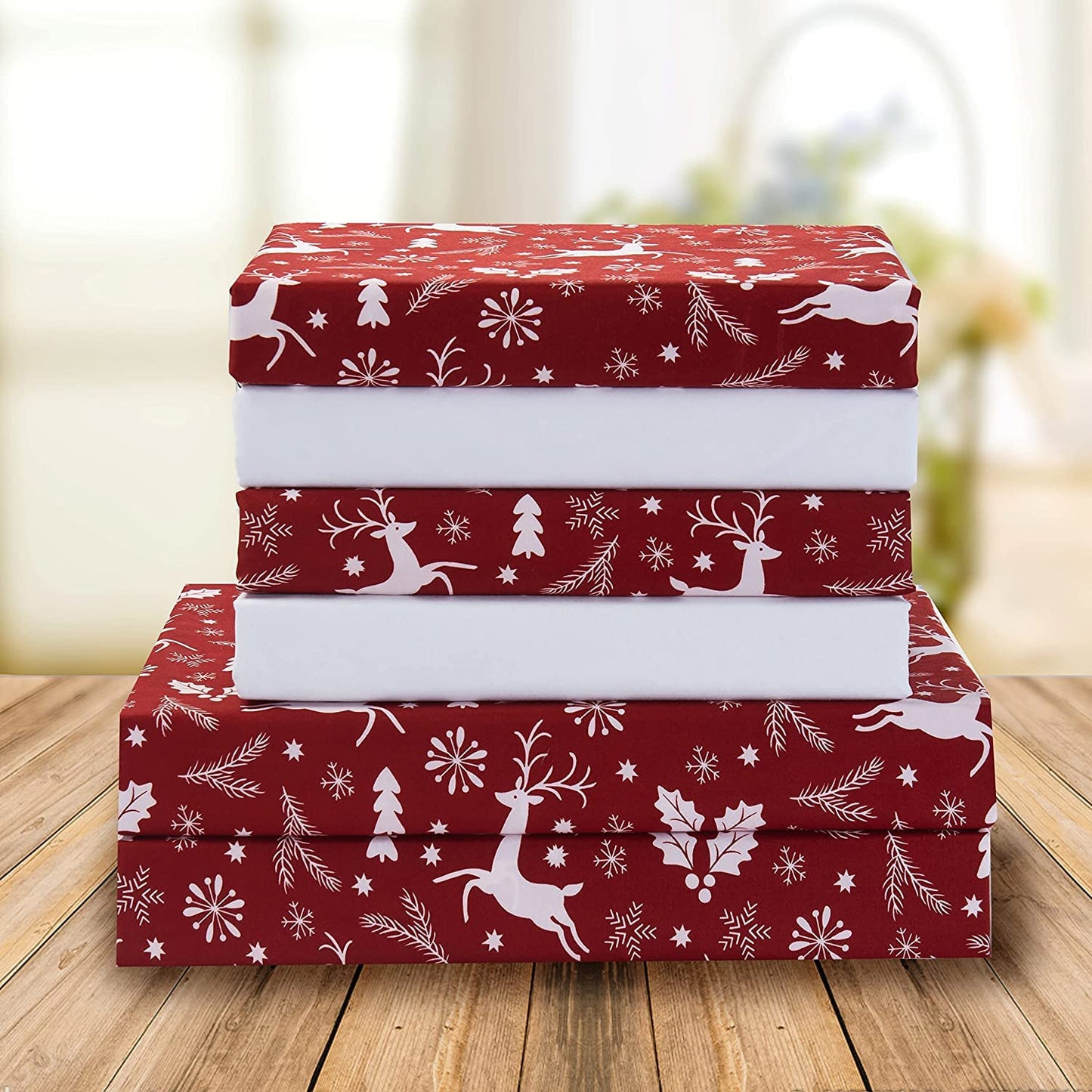 Elegant Comfort Holiday Printed 6-Piece Sheet Set, 1500 Thread Count, Breathable and Super Soft Material, Wrinkle Resistant, Fitted Sheets with Smart Pockets, 6PC King, Burgundy Reindeer