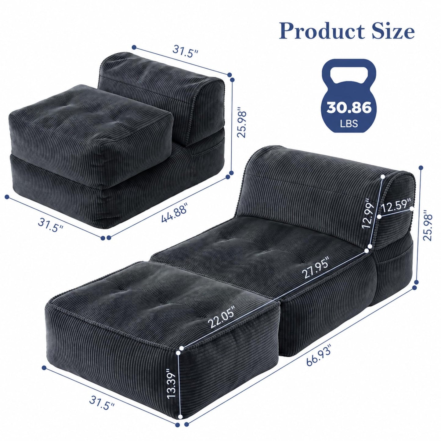 laapee Large Bean Bag Lounger Chair, Oversized Comfy Boneless Couch with High-Density Sponge, Foldable Floor Sofa for Adults, Living Room Bedroom Indoor,Gray