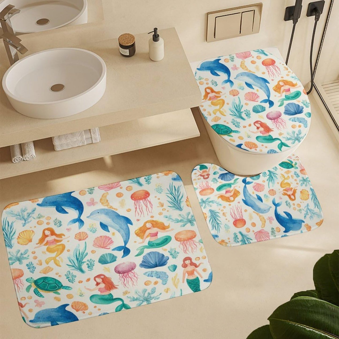 INSFBRB Cute Watercolor Dolphin Shower Curtain Sets with Rug,Toilet Lid Cover and Bath Mat,Cartoon Funny Ocean Mermaid Seashell Wildlife Jellyfish Sea Turtle 4 Piece Bathroom Set