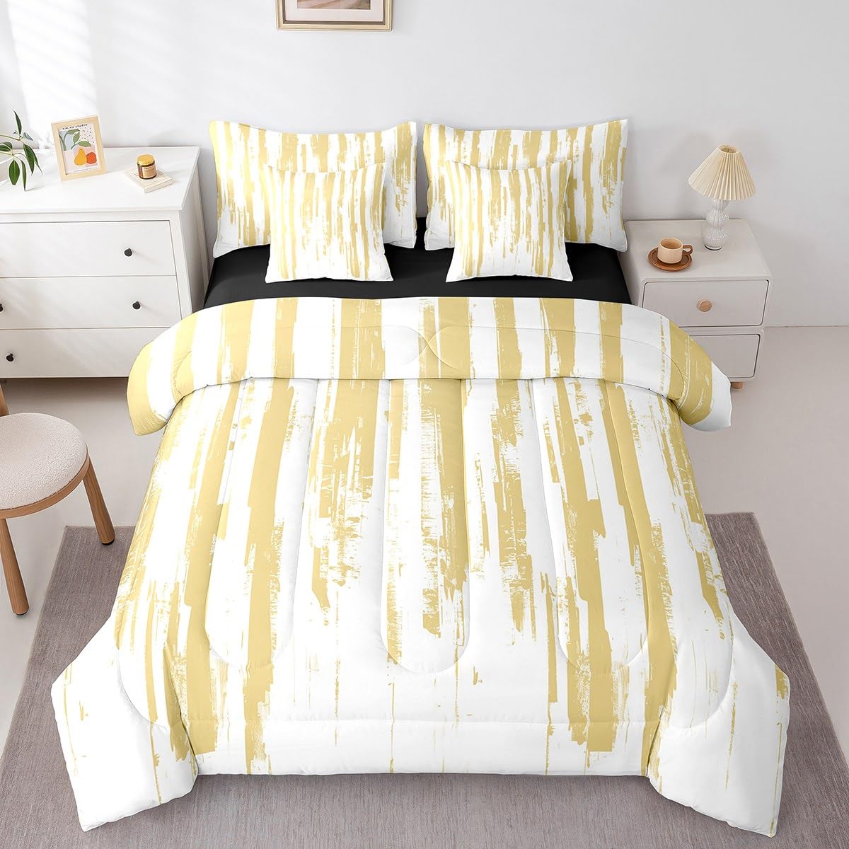 Erosebridal 7Pcs Yellow Striped Comforter Set Twin for Women Men,Modern Geometric Abstract Bedding with Bed Sheets,Gradient Art Aesthetic Bed in A Bag,Boho Graffiti Quilt Set with Pillowcases