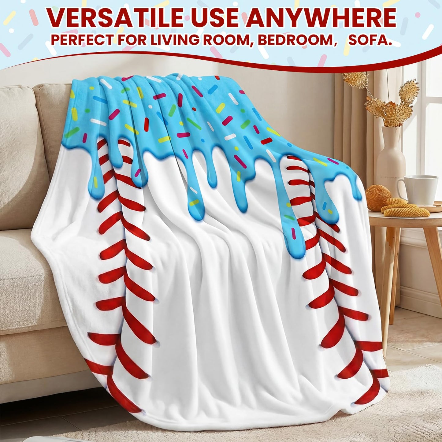 Tigeen 1 Pcs 60" Round Ice Cream Baseball Blanket for Teens Boys Girls Adults Soft Flannel Baseball Ice Cream Drip Stuff Throw for Couch Bed Dorm Room Decor Player Team Senior Night Gifts (Blue)