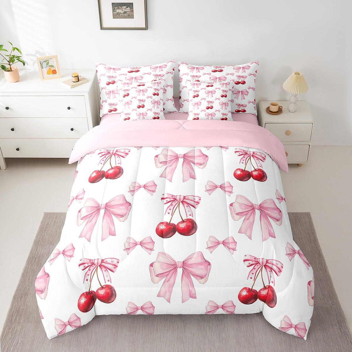 Erosebridal 7 Pcs Cherry Bowknot Kids Comforter Set King Bed in a Bag,Princess Bow Bedding Set for Girls Girlfriend,Girly Red Cherries Duvet Set,Romantic Valentine Bow Tie Geometric Sheet Set