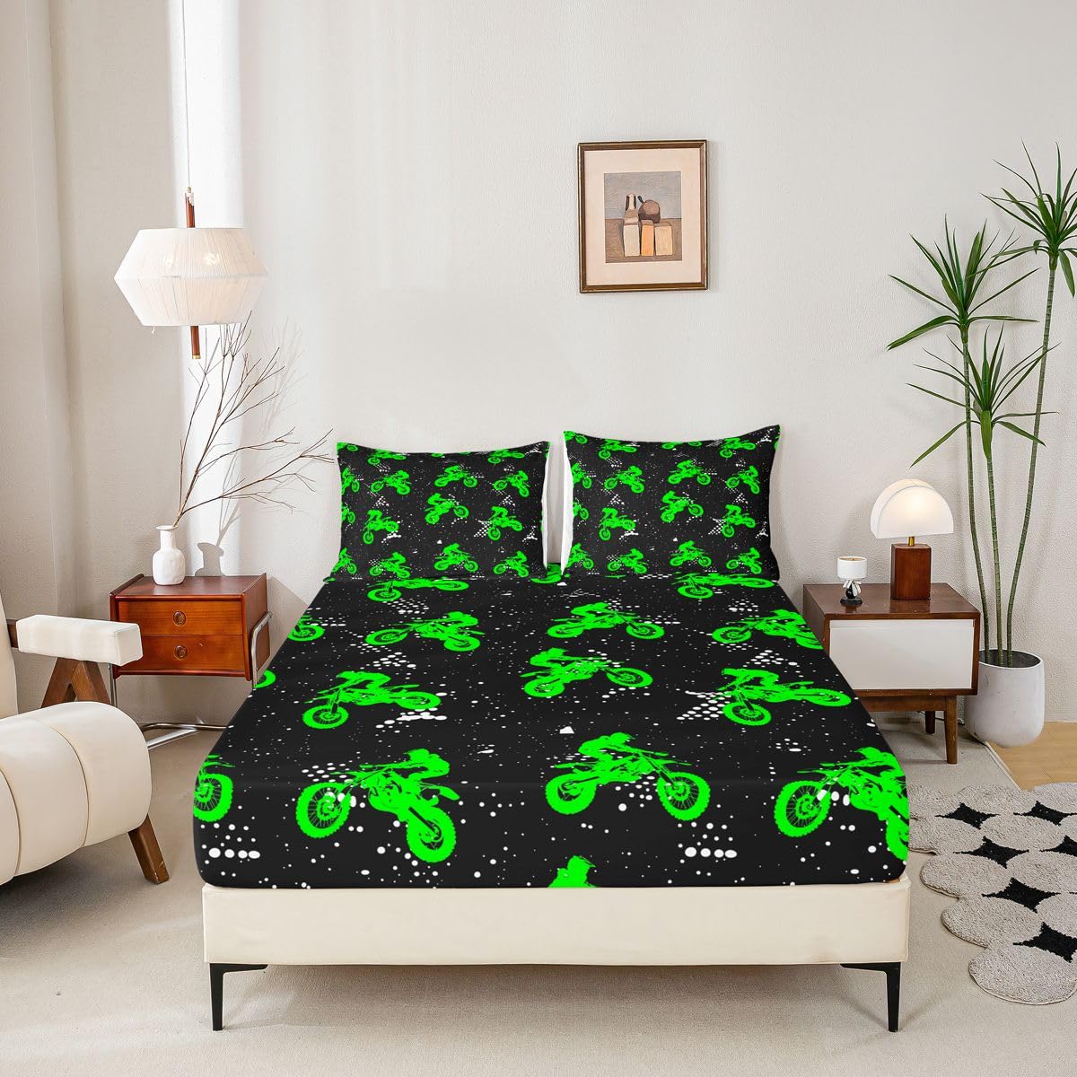 Feelyou Boys Dirt Bike Bedding Sheets Cool Sports Bed Sheet Set for Kids Boys Motocross Rider Bedding Fitted Sheet Fluorescent Green Bike Bed Cover 1 Bed Sheet Set with 2 Pillowcases Full Size