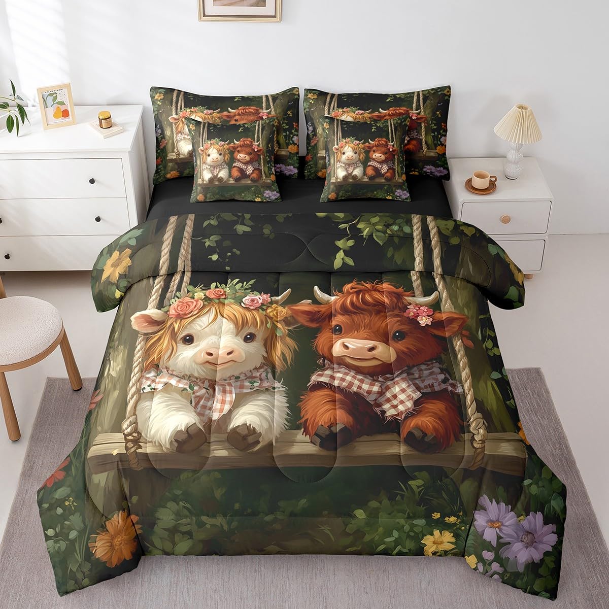 Erosebridal Highland Cow 7 Pieces Bedding Set Western Cow King Comforter Set with Sheets for Boys Girls Kids Room Decor Farmhouse Animal Bed in a Bag Flower Bed Set