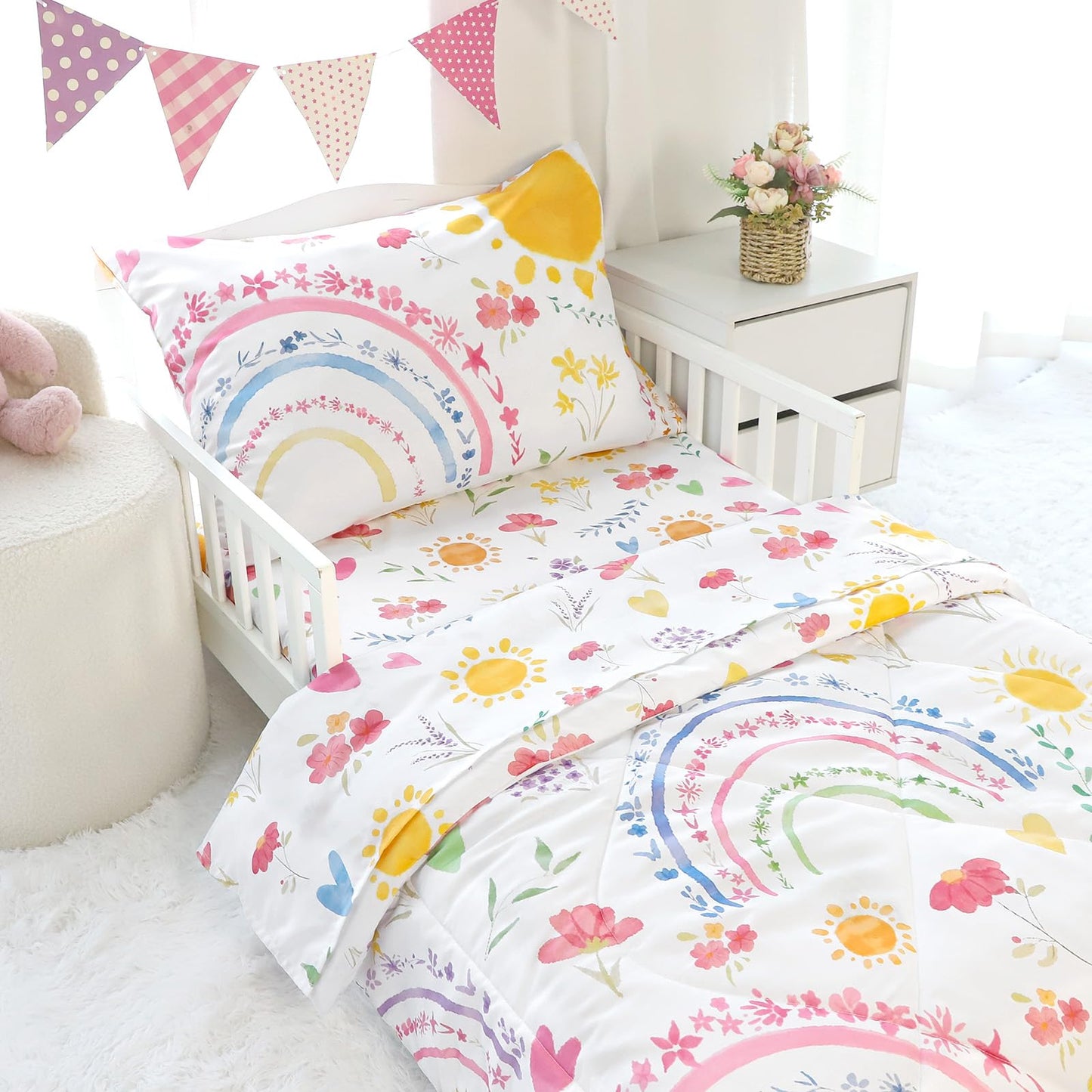 Pea Pod Toddler Bedding Set for Girls, 4 Piece Soft & Breathable Rainbow & Sun Crib Bedding Set, Bed-in-A-Bag Toddler Microfiber Sheet Set, Includes Comforter, Flat Sheet, Fitted Sheet, Pillowcase