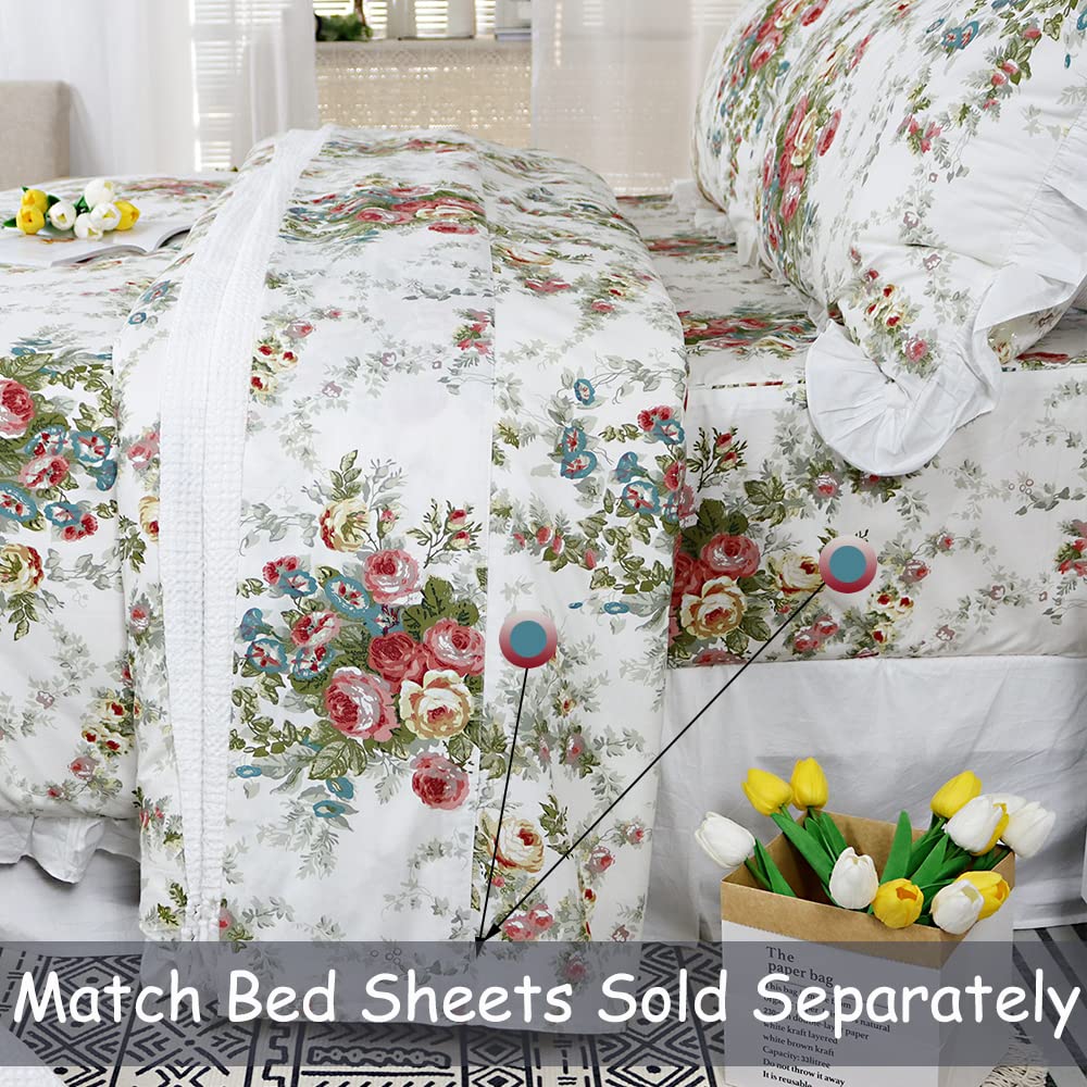 FADFAY Floral Duvet Cover Set King/Cal King（102×96 inches） 100% Cotton Ruffle Vintage Rose Comforter Cover Set, Red Teal Flower Printed Off White Girls Shabby Bed Covers,Soft and Breathable, 3Pcs
