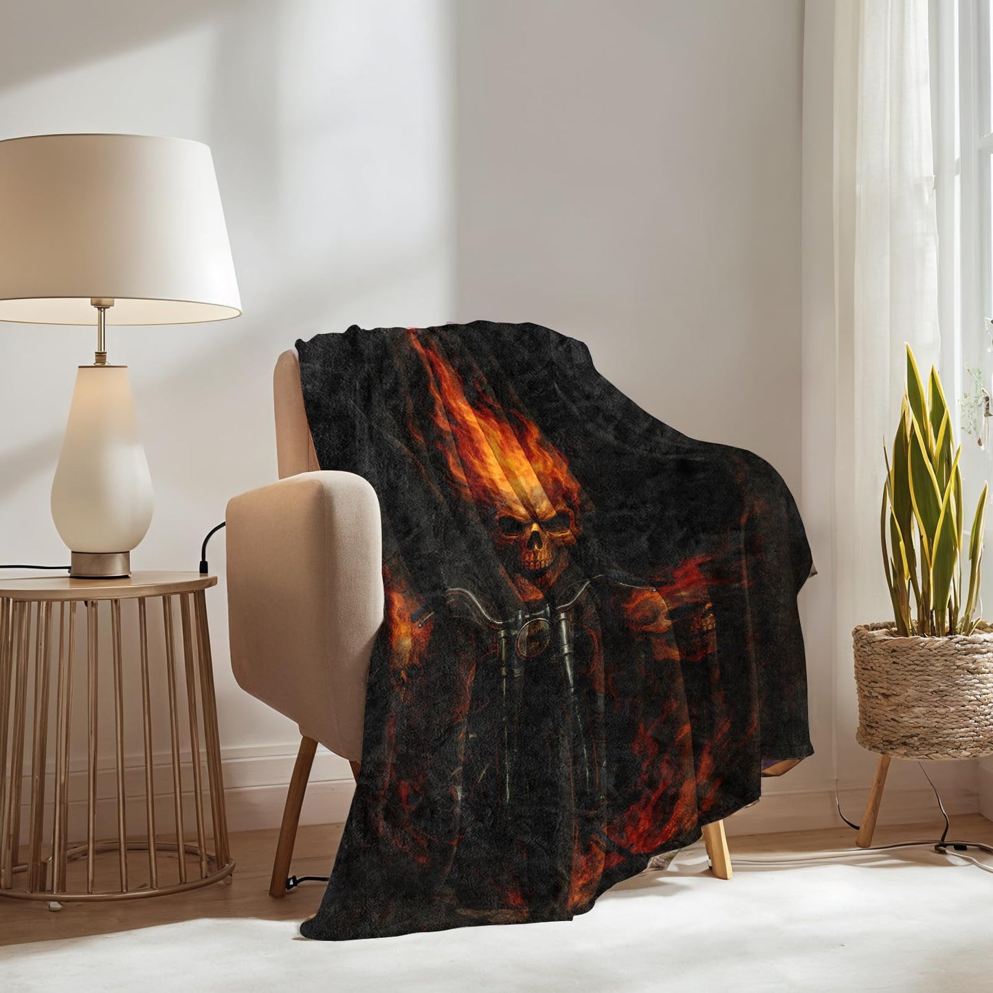 Motorcycle Skull Blanket Gifts for Boys Girls Kids, Flaming Biker Skull Warm Soft Flannel Throw Blankets for Travel, Sofa, Room, Bedroom Birthday Christmas Spring Decor, 50x60 in