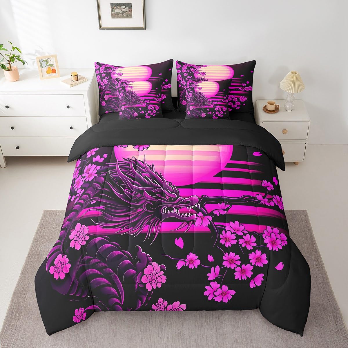 Erosebridal Japanese Cherry Blossom Bed in A Bag Exotic Magical Wildlife Dragon Bedding Set for Kids Boys Girls,Ukiyo-E Theme Twin Comforter Set 7 Piece Pink Sakura Flower Bed Set