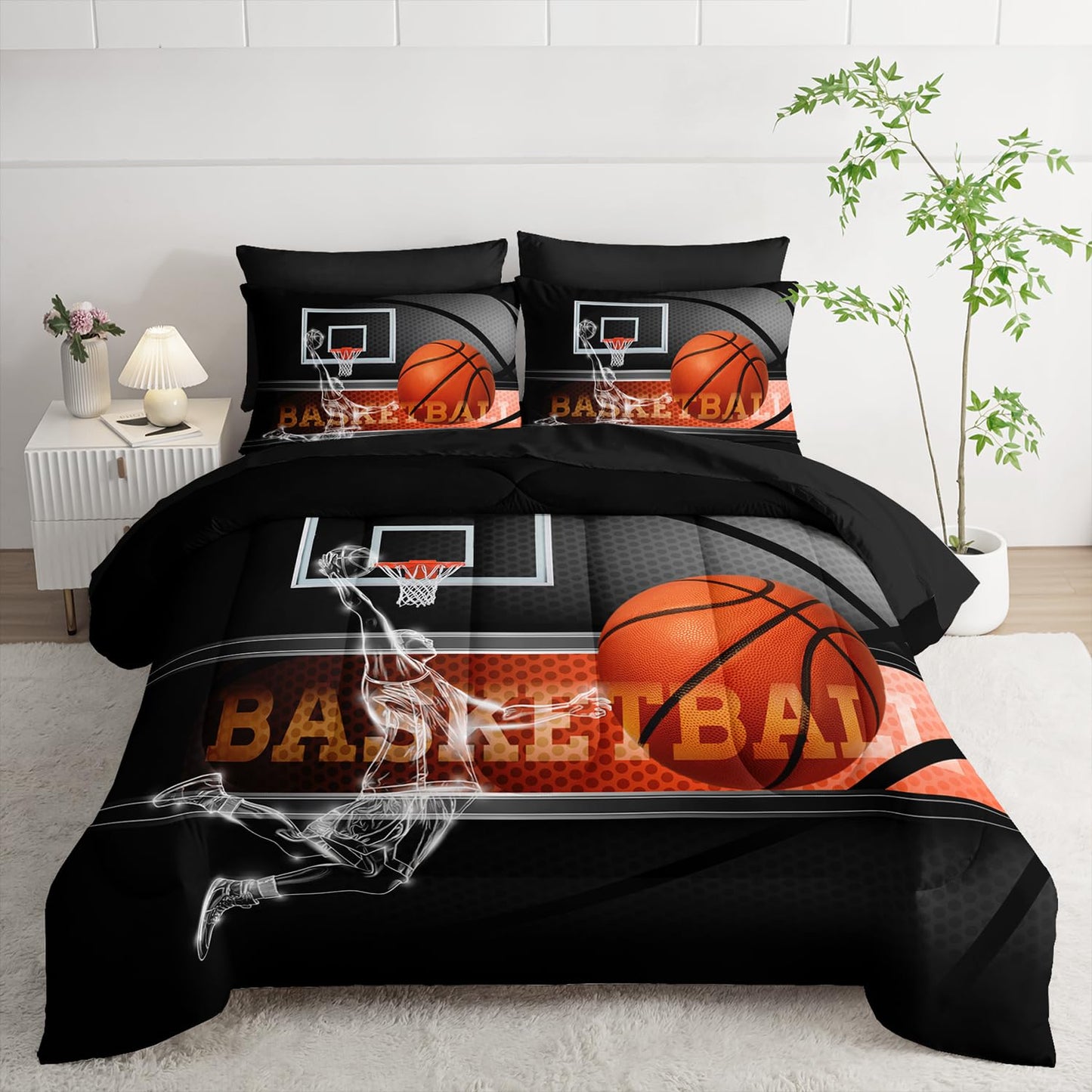 AILONEN 3D Basketball Sports Comforter Set Queen Size,7-Piece Sport Basketball Player Bed in a Bag,Comforter & Fitted Sheet with Flat Sheet & 2 Pillowcases,2 Pillow Cases for Bedroom,Soft Microfiber