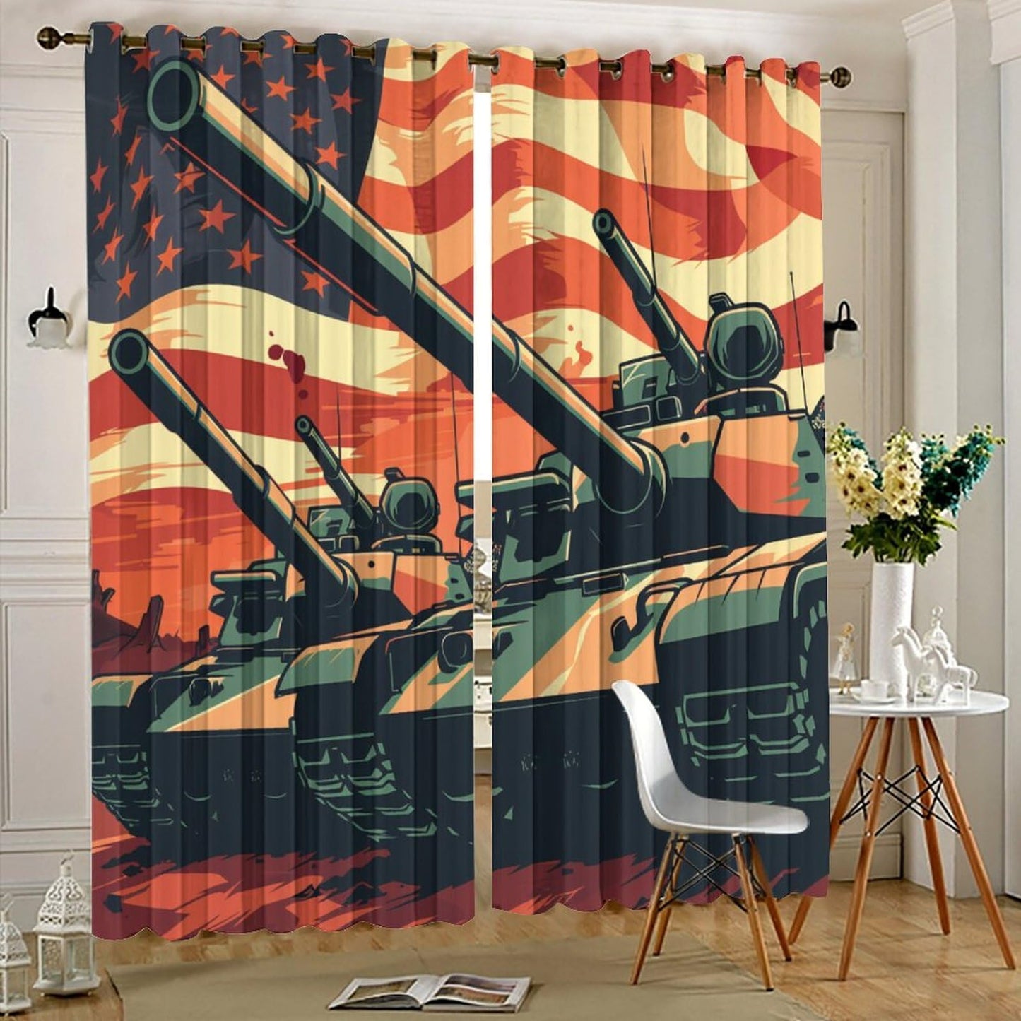 TOWINSFB Vintage Tank USA Flag Blackout Curtains for Bedroom/Living Room, American Patriotic Military War Theme Grommet Curtains Thermal Insulated Window Drapes, 2 Panels, Each 21W x 45L