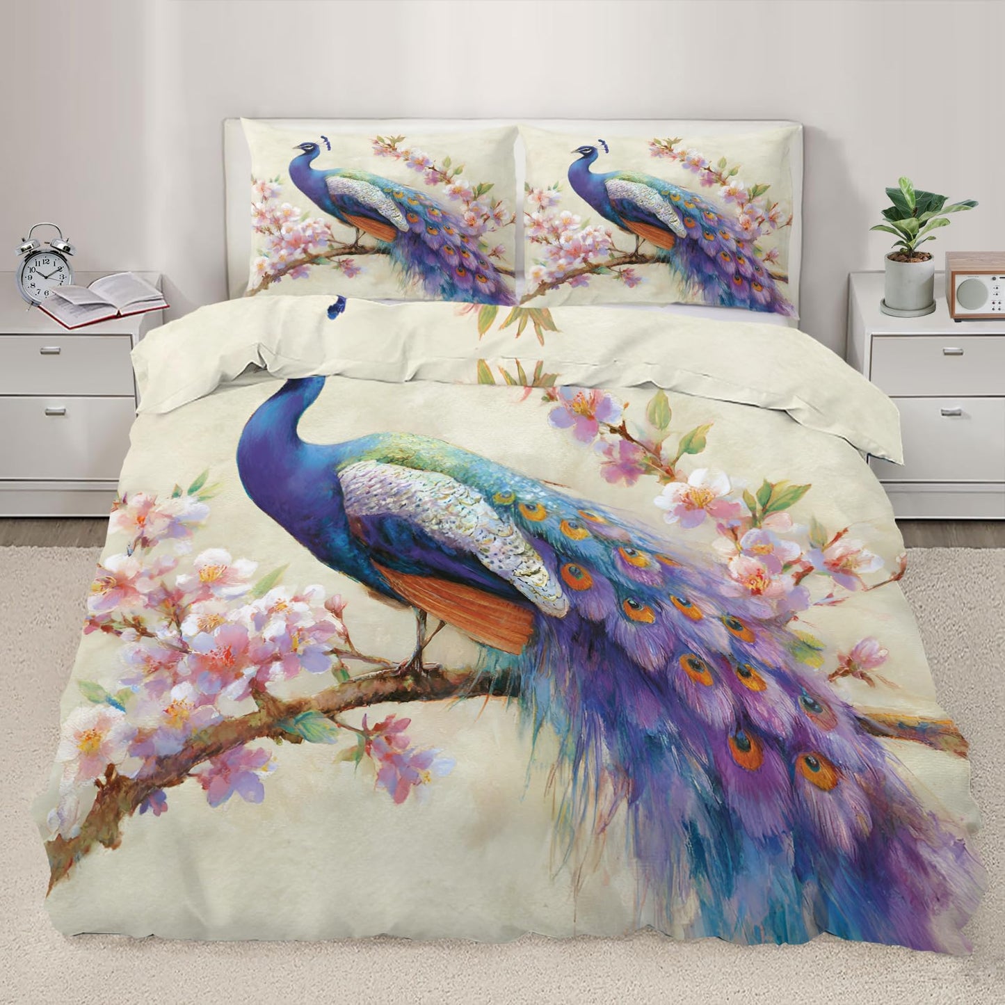 Peacock Duvet Cover Twin Size, Purple Peacock Feather Comforter Cover 68" x 90" & 2 Pillowcases, Fantasy Birds Bedding Set with Zipper Ties