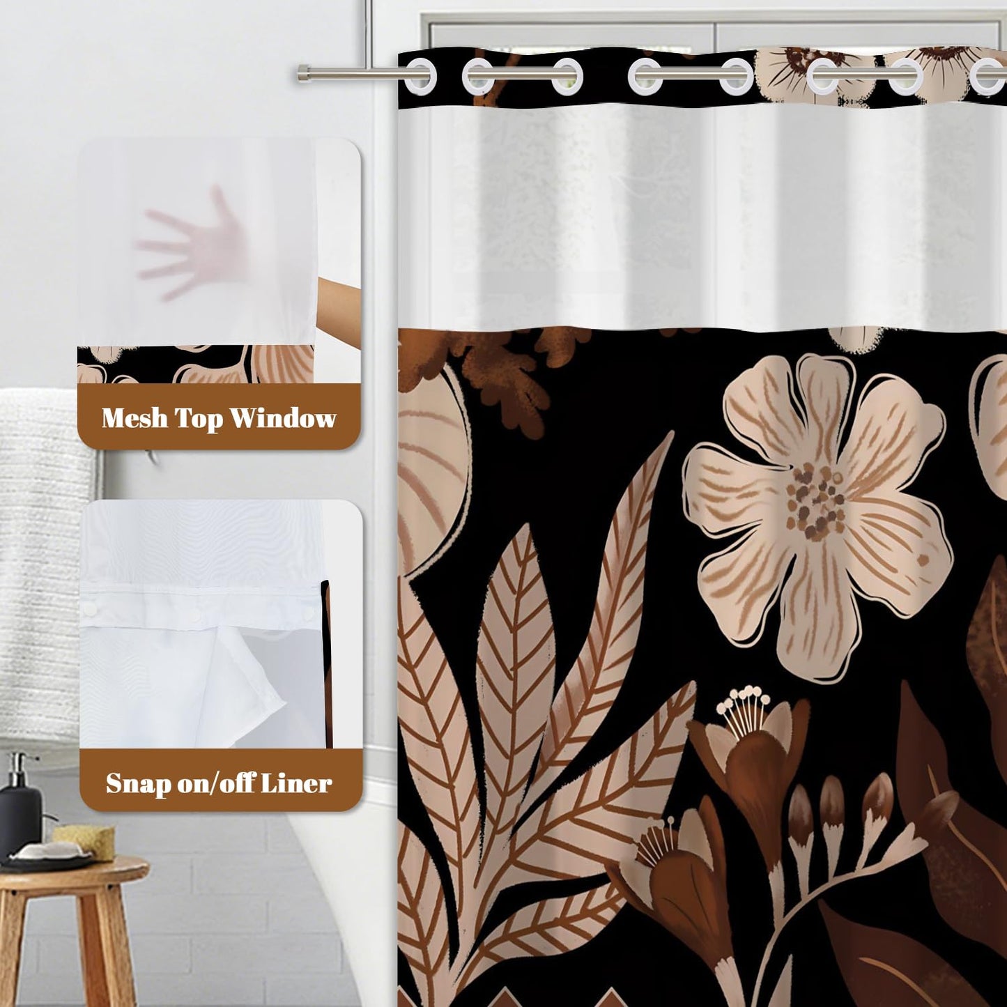 Xiazhilaio Dark Floral Shower Curtain No Hooks with Liner - 71″W x 74″L Waterproof Fabric with Mesh Top Window, Abstract Botanical Plant Leaves Pattern Bath Curtain for Boho Modern Bathroom Decor