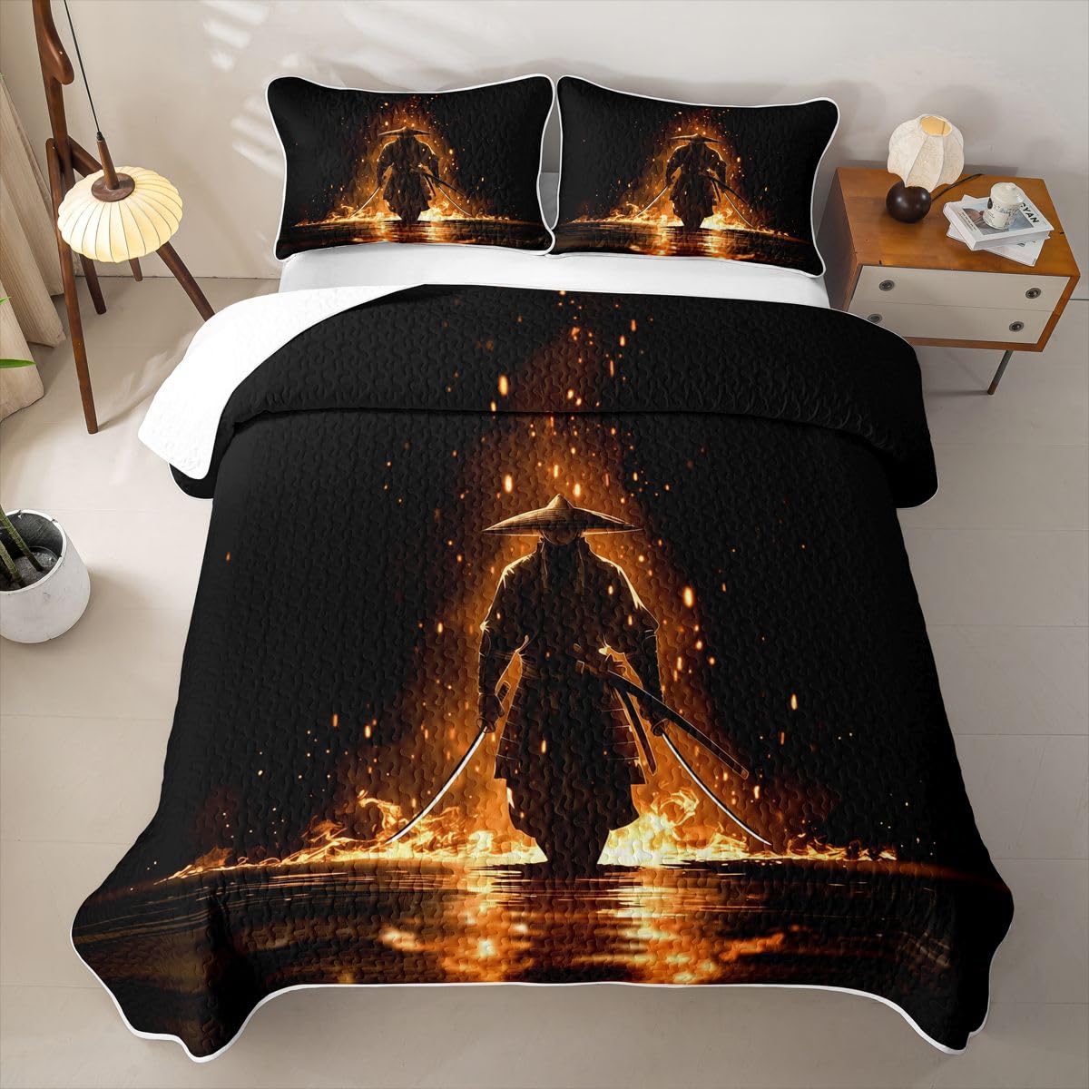 Erosebridal Japanese Samurai Quilt Twin Size - Japan Warrior Bedspread Japanese Spirit Bed Coverlet with 1 Pillowcase