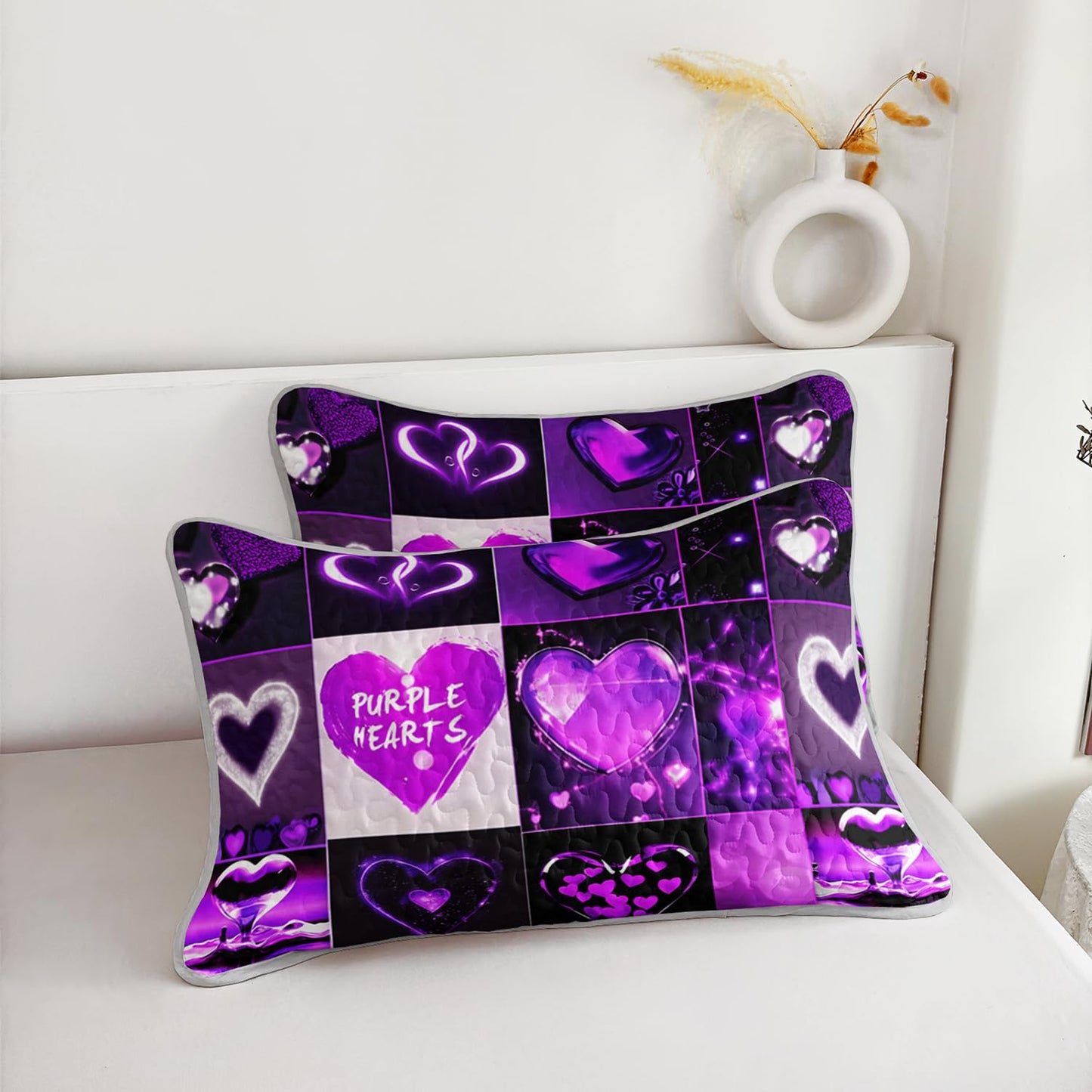 QOOMO Hearts Print Kids Quilt Set,Purple Bedding Set for Boys Girls Room Decoration,Bed Set Microfiber Lightweight All Season Twin Size,1 Quilt Set 2 Pillowcases