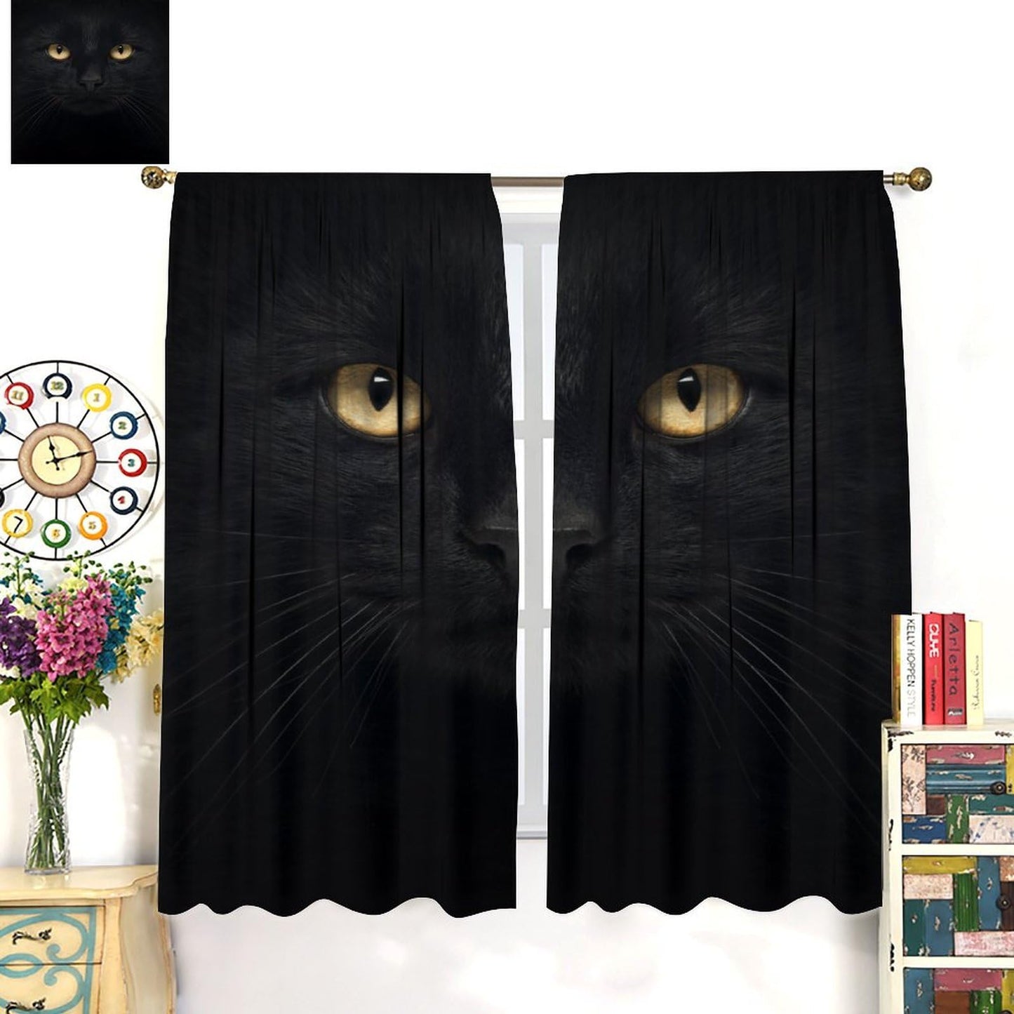 JADERYS Black Cat Blackout Curtains Cute Funny Animal Black Cat Yellow Eyes Art Print for Girls Boys Women Bedroom Living Room Rod Pocket Decoration Window Drapes 2 Panels W21xL45in