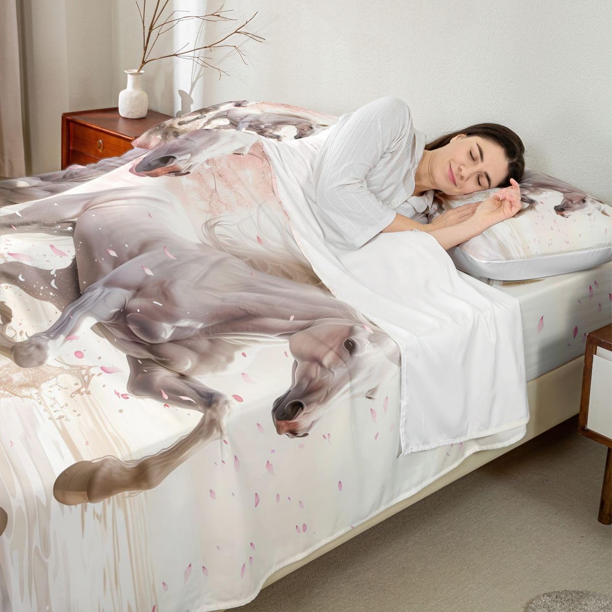 jejeloiu Galloping Horse Bed Sheets Sets Queen Size Kids Boys Girls Horse Bedding Set Cute Animal Decor Bed Sheet Set with 16-Inch Deep Pockets Western Farmhouse 4Pcs with 2 Pillow Cases