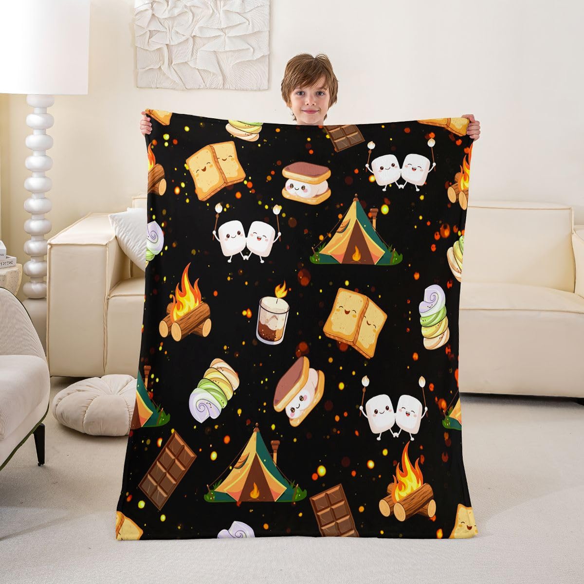 Feelyou Cute Marshmallow Plush Throw Blanket, 40"x50" Kids Cute S'Mores Cookie Flannel Fleece Blanket for Boys Teens Happy Camping All Season,Bed Blanket Outdoor Adventure Room Decor