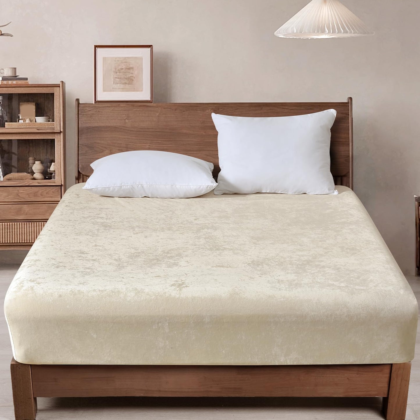 PHF Truly Velvet Fitted Sheet Only Full Size, Luxury Super Soft Cozy Fuzzy Fleece Bottom Sheet, Deep Pocket Up to 16",Strenghth Elastic Band, Suitable for Fall Winter Spring, No Pillowcases, Sand