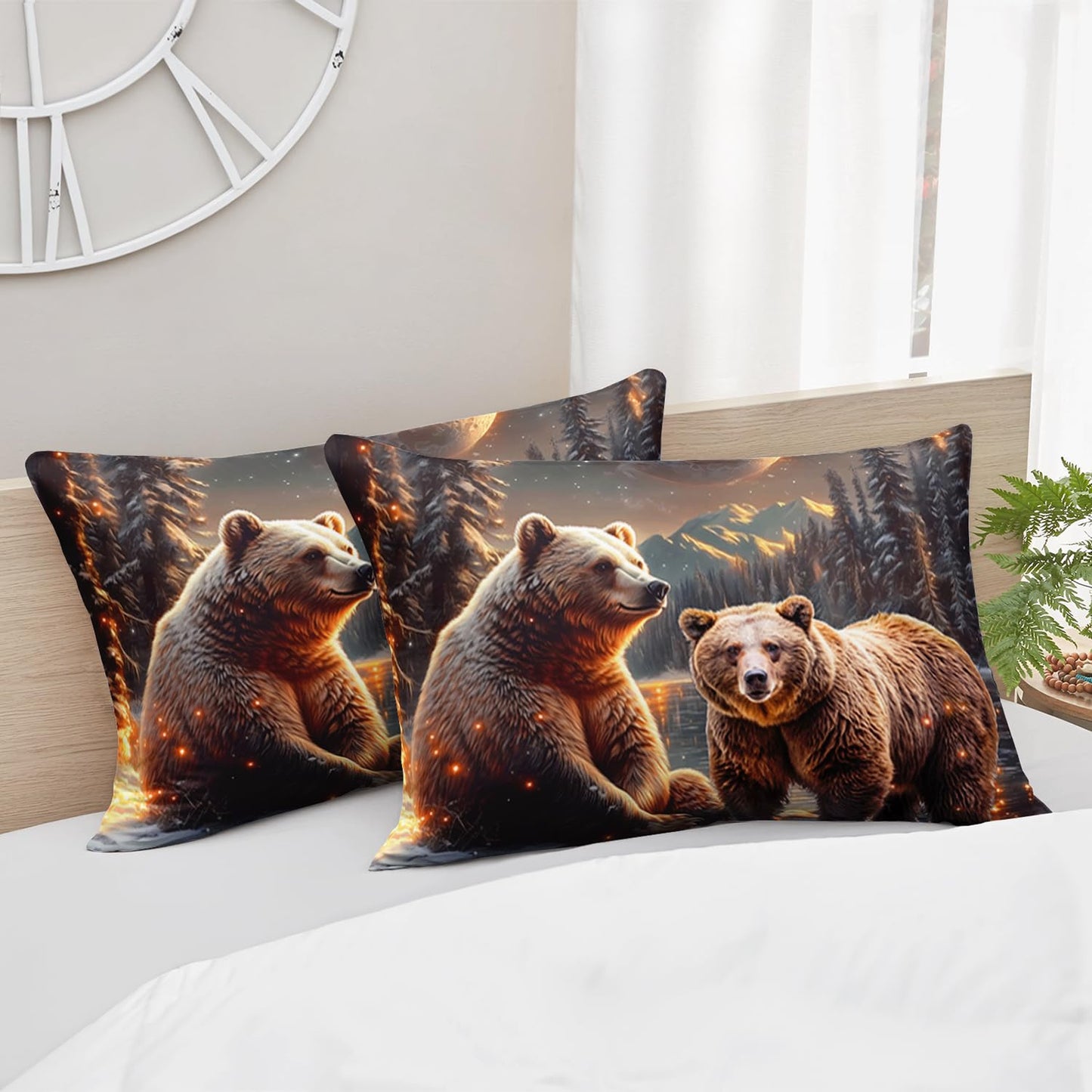 AILONEN Boys Rustic Bear Bedding Set Queen Size,Starry Brown Bear Comforter with 2 Pillowcases,3-Piece Snow Animal Soft Duvet Set