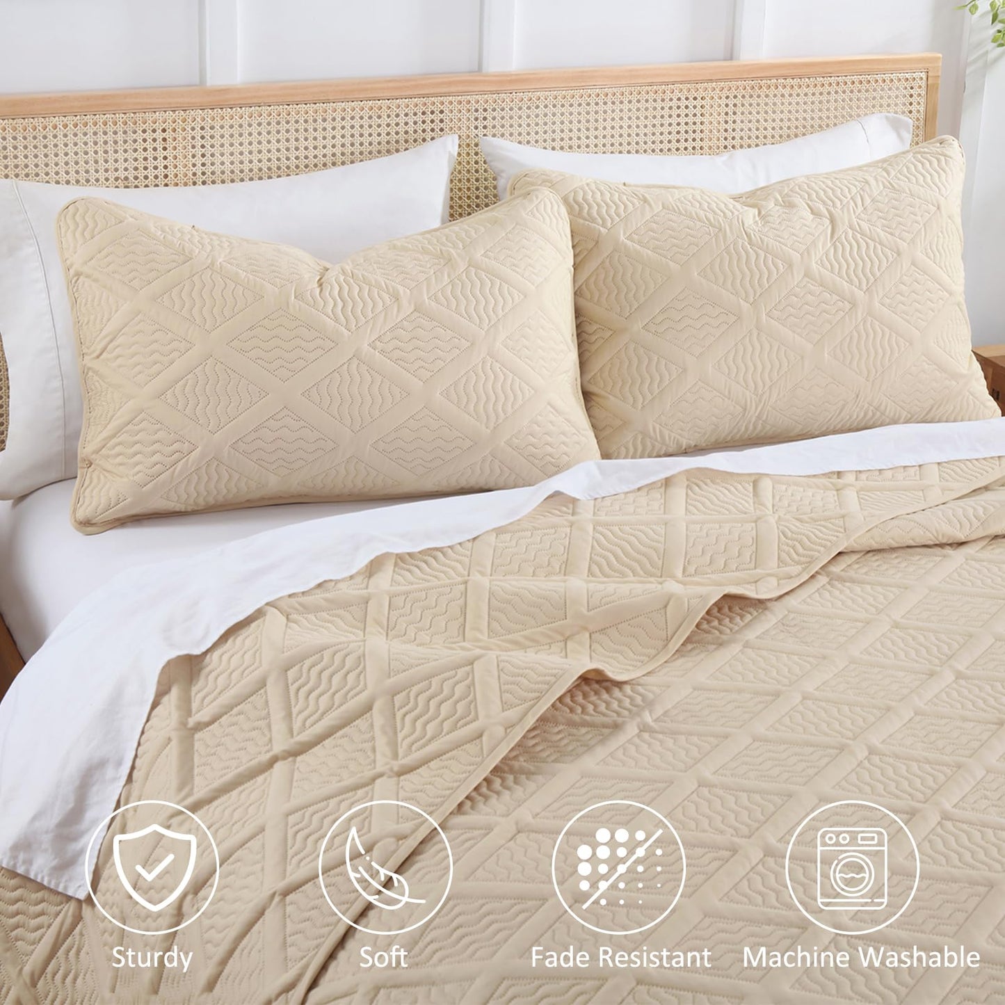 Yiran Camel Quilt Set Queen Size, 3 Piece Reversible Bedspreads Bedding Set, Fall Diamond Pattern Coverlet for All Season with 2 Pillow Shams (Full/Queen, 96x90 Inch)