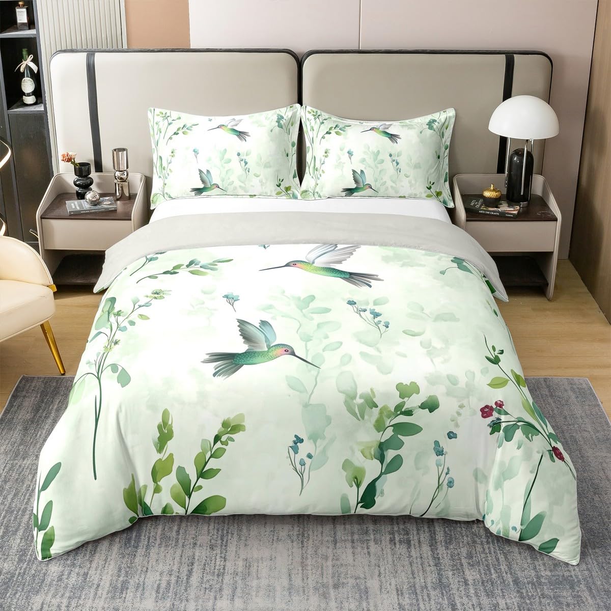 Erosebridal Abstract Grass Green Leaf Full 100% Cotton Duvet Cover, Turquoise Hummingbird Bedding Set, Mint Green Boho Bedclothes, Watercolor Botanical Aesthetic Comforter Cover