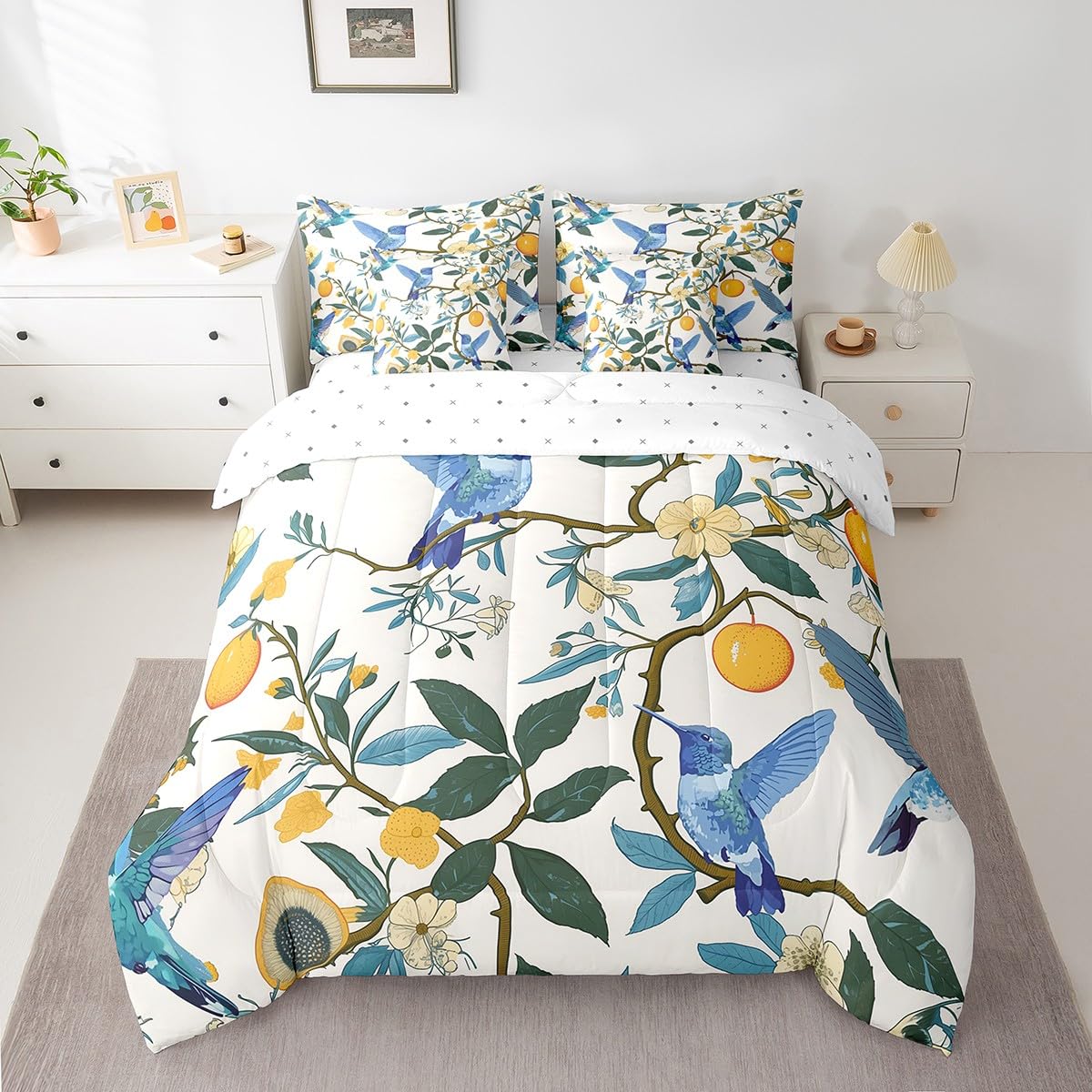 Erosebridal Lemon Tree Branches Bedding Set for Kids Teens,Hummingbirds Comforter Set King Size,Oil Painting Fruit (Comforter+Fitted+Flat Sheet+2 Pillowcases+2 Throw Pillow Covers) 7 Pieces Bed Set