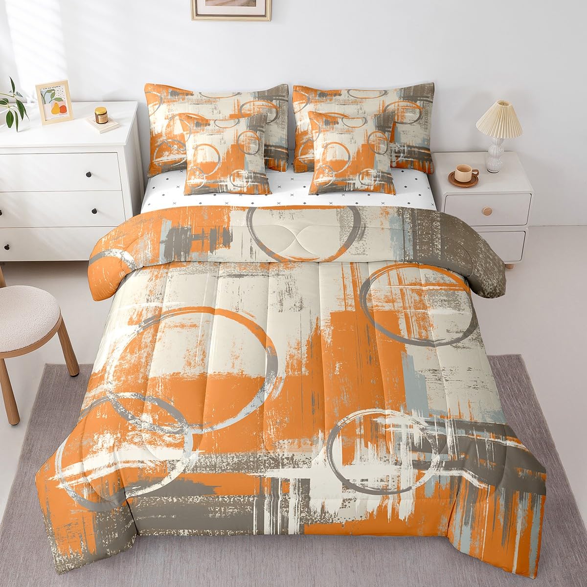 Feelyou Geometric 7 Piece Bedding Set Full Size for Kids Boys Girls Teens Toddler Modern Abstract Art Comforter Set with Sheets Orange Bed in a Bag Tie Dye Bed Set