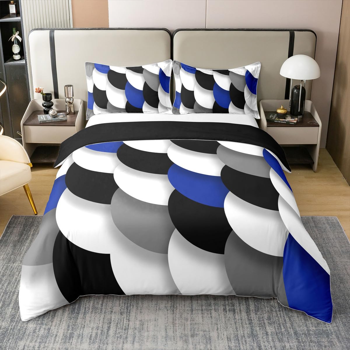 jejeloiu Kids Blue Black White Geometric Bedding Set Queen Size Abstract Art Duvet Cover 100% Cotton for Boys Girls Abstract Comforter Cover（No Comforter）