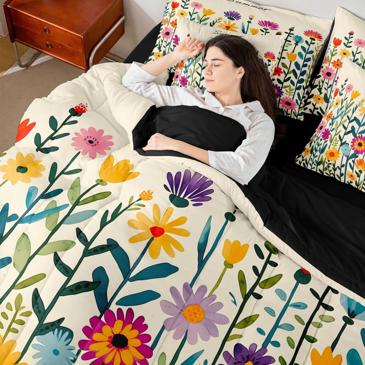 Erosebridal Boho Floral Queen Bedding Set Multicolor Daisy Comforter Set with Flat and Fitted Sheet Watercolor Wildflower Summer 7-Piece Bed in a Bag Kids Girls Women Whimsical Garden Quilt Sets