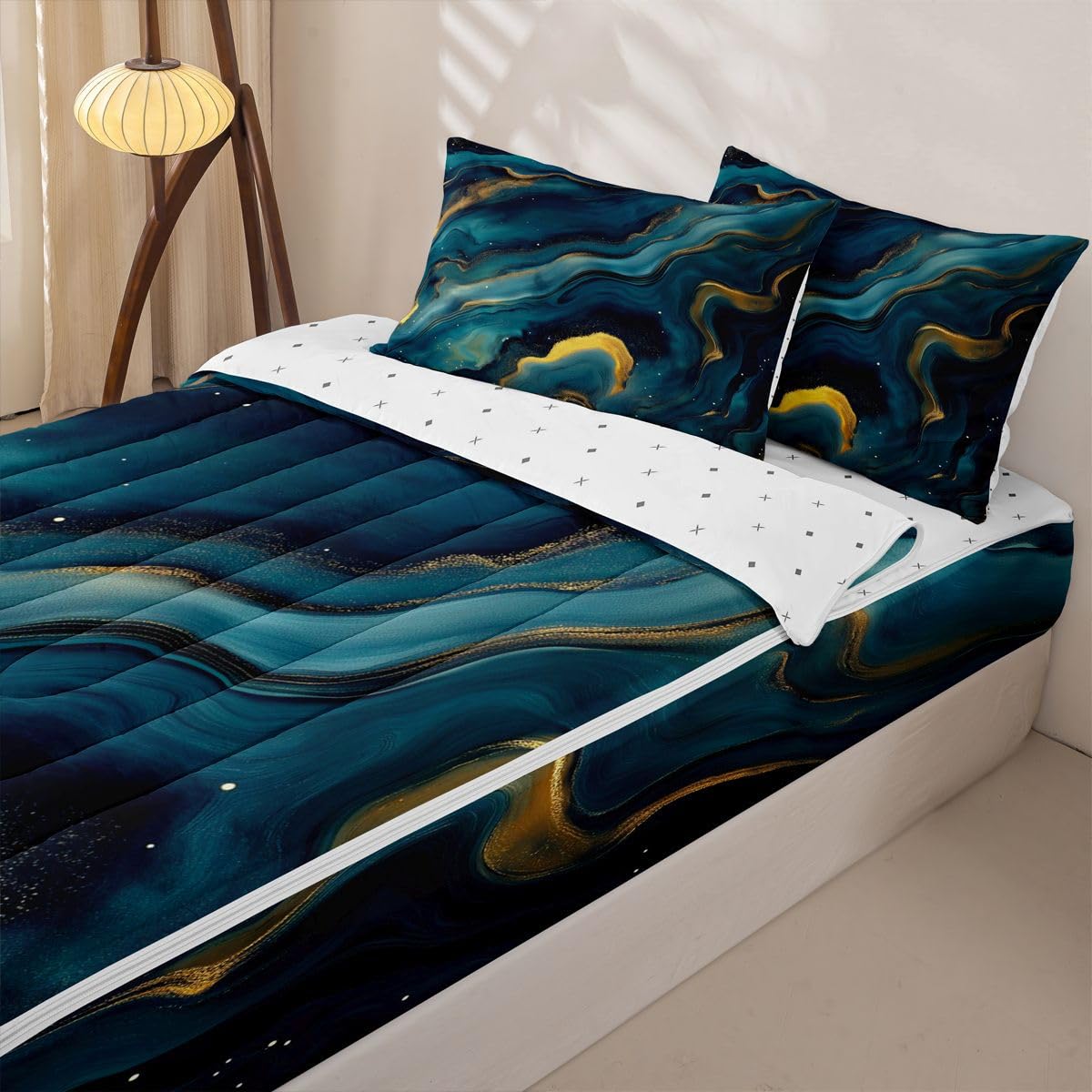 jejeloiu Blue Marble Print Zipper Bedding Twin Abstract Bedding Sets for Kids Boys Girls Deep Ocean Wave Texture Comforter Set with Fitted Sheet 2 Pillowcases One Zipper Bed Set for All Seasons