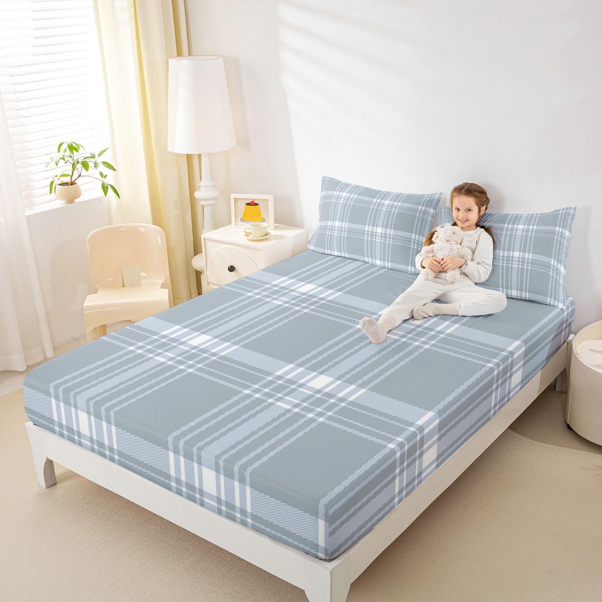 jejeloiu Classic Plaid Fitted Sheet with 1 Pillowcase Twin Size Gray Checkerboard Bed Sheets Set 16" Deep Pocket Boys Girls Farmhouse Bedding Aesthetic Grid Teens Bedroom Decor Breathable