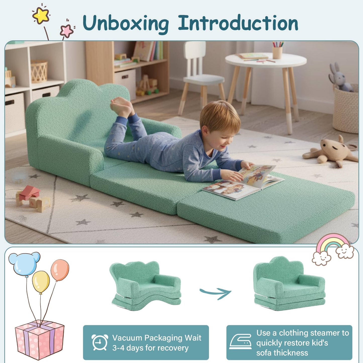 Tiita Kids Sofa, Foldable Nursery Toddler Couch, Childrens Couch with Carry Handle, Portable Toddler Foam Sofa Couch, Lightweight Kids Chair for Playroom, Dorm Room, Small Space, Green