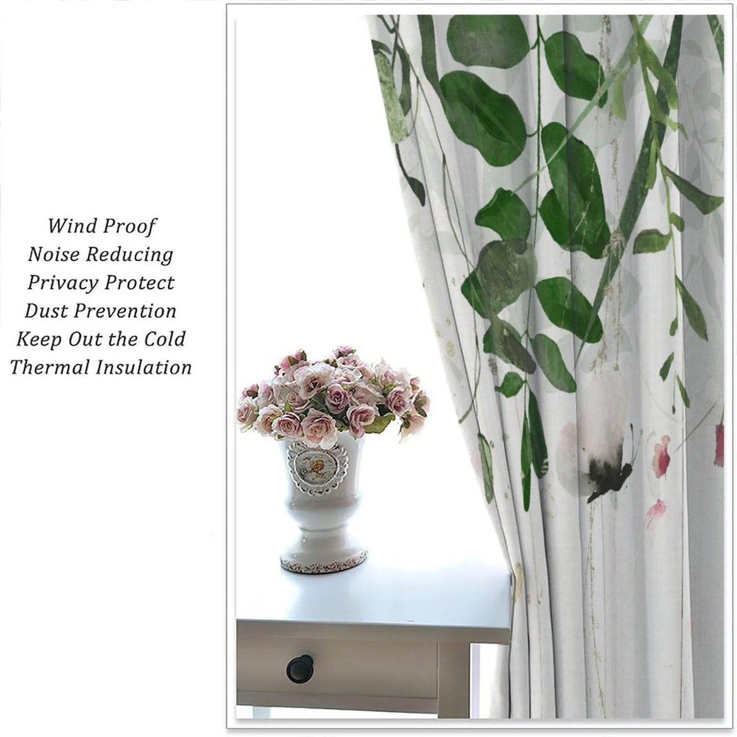 Rustic Floral Curtains Green Grey Eucalyptus Botanical Leaves Butterfly Farmhouse Flower Leaf Pattern Decor Rod Pocket Drapes for Bedroom Living Room,2 Panels Set,42x45Inch