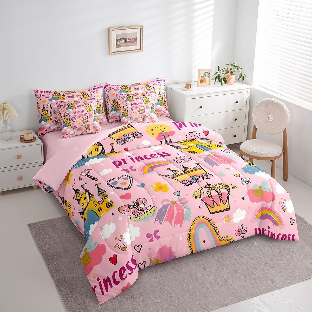 Erosebridal Princess Floral Crown Bedding Set 7Pcs,Yellow Cartoon Castle Comforter Set King for Kids Girls,Rainbow Butterfly Bed in a Bag,Kawaii Cloud Love Heart Quilt