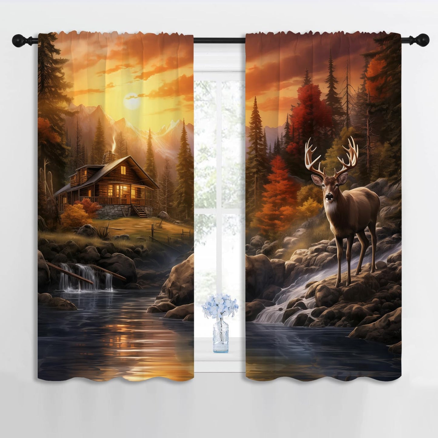 Rustic Cabin Deer Boy Girls Blackout Curtains, Western Sunset Farm Country Farmhouse Elk Lodge 2 Panel Rod Pocket Thermal Insulated Drapes, for Kids Room Bedroom Living Room Home Decor 42x45 inch