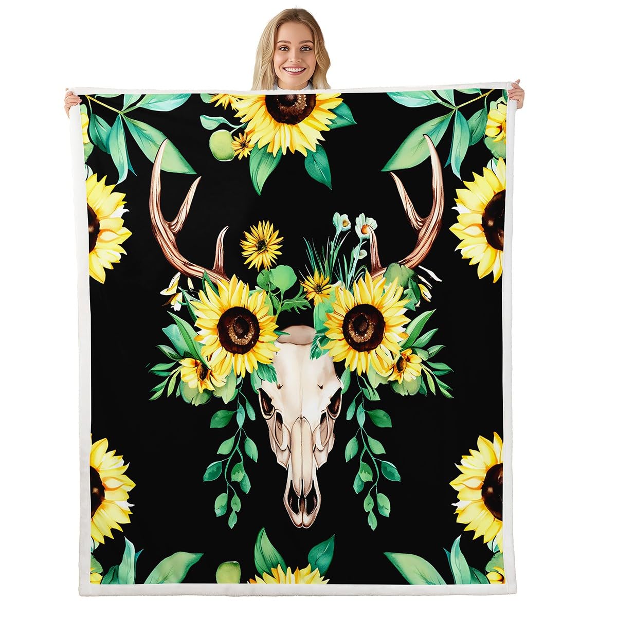 Feelyou Cow Sunflower Sherpa Throw Blanket Yellow Flower Fleece Blankets and Throws Skull Skethon Fuzzy Blanket Botanical Floral Leaves Plush Blankets 50"x60"