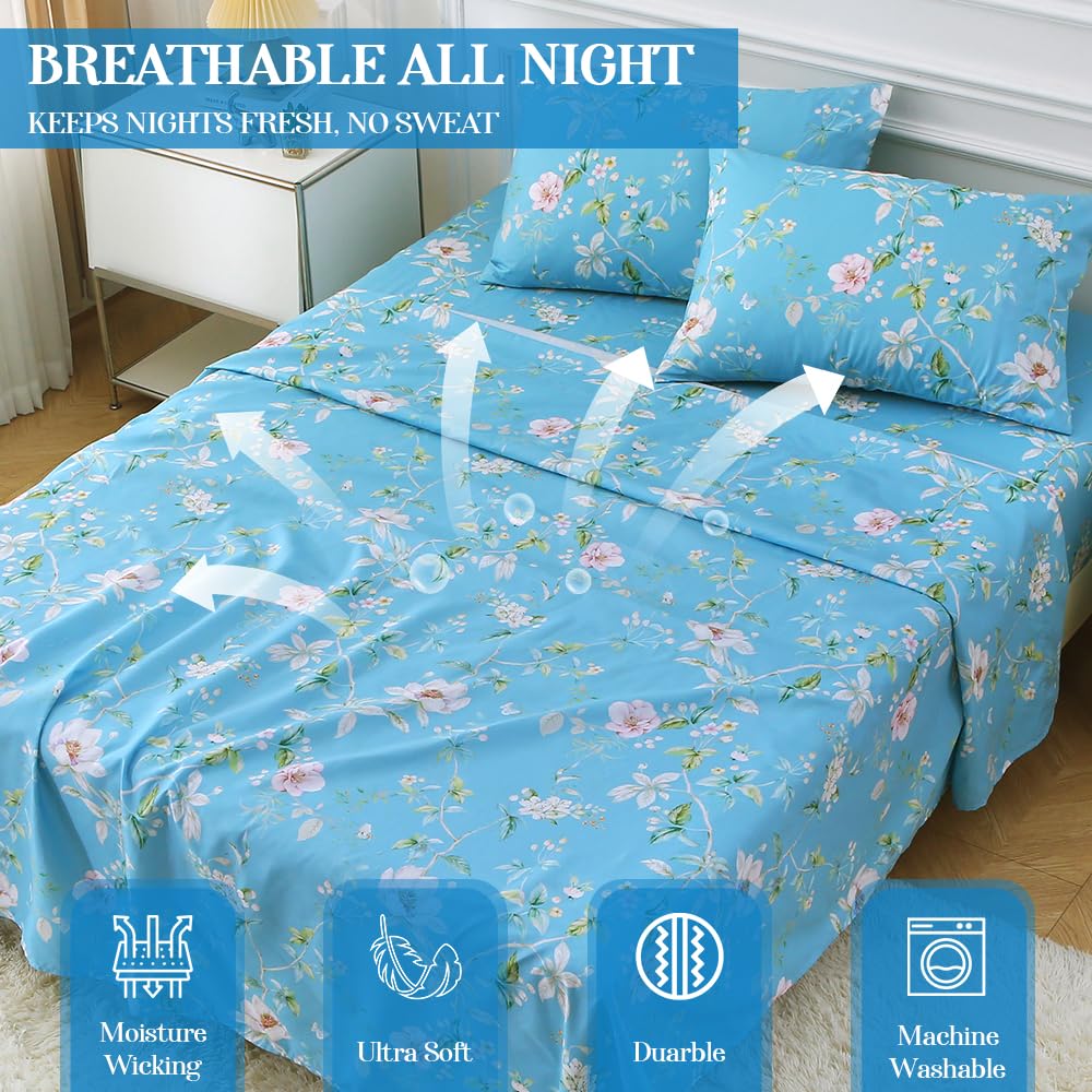 MUXHOMO Full Size 4 Piece Sheet Set, Soft & Breathable Sheet Set for Bedroom with Deep Pocket Up To 16", Wrinkle-Free & Cooling Bed Sheet with Flat Sheet, Fitted Sheet & Pillowcases - Magnolia Blossom
