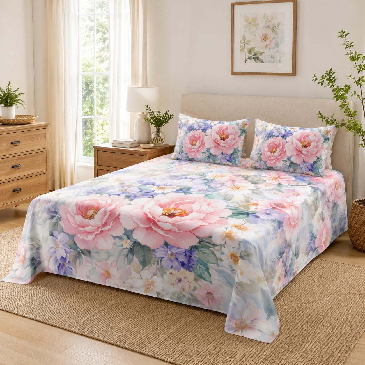 YIYEA Queen Sheet Set, Luxury 1800TC Hotel Quality Double Brushed Microfiber Floral Bed Sheets for Queen Size Bed, Ultra Soft, Deep Pocket, Shrinkage and Fade Resistant, 4PC, Queen
