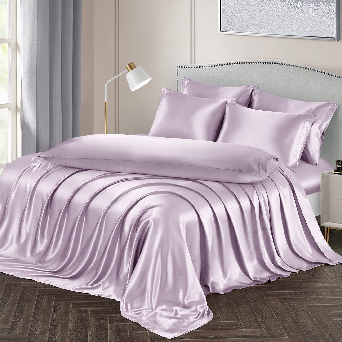 Ersmak 7 Pieces Satin Sheets Set Full Size, Luxury Silky Lavender Satin Bed Sheets Set with 1 Deep Pocket Fitted Sheet, 1 Soft Flat Sheet, 4 Queen Pillowcases and 1 Body Pillowcase