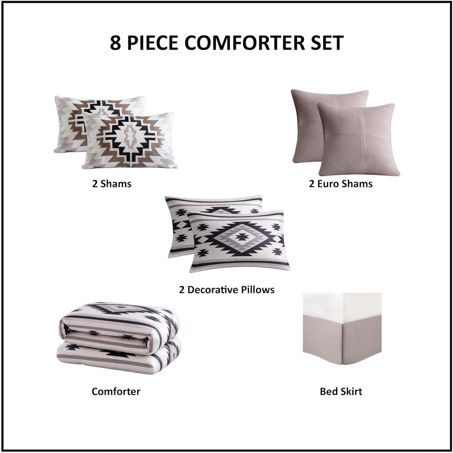 Woolrich Queen Comforter Set, Southwestern Aztec 8 Piece Bedding Set, Peached Herringbone Comforter, 300GSM All Season Down Alternative, Rustic Lodge Style Bedskirt, Euro Shams & Pillows, Taupe