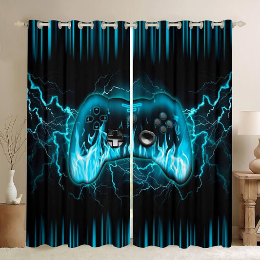 Feelyou Gamer Window Curtains for Living Room for Kids Boys,Gaming Curtains,3D Geometric Video Game Contoller Window Drapes,Lightnings Fire Gaming Blackout Curtains, 52W X 63L,2 Panels