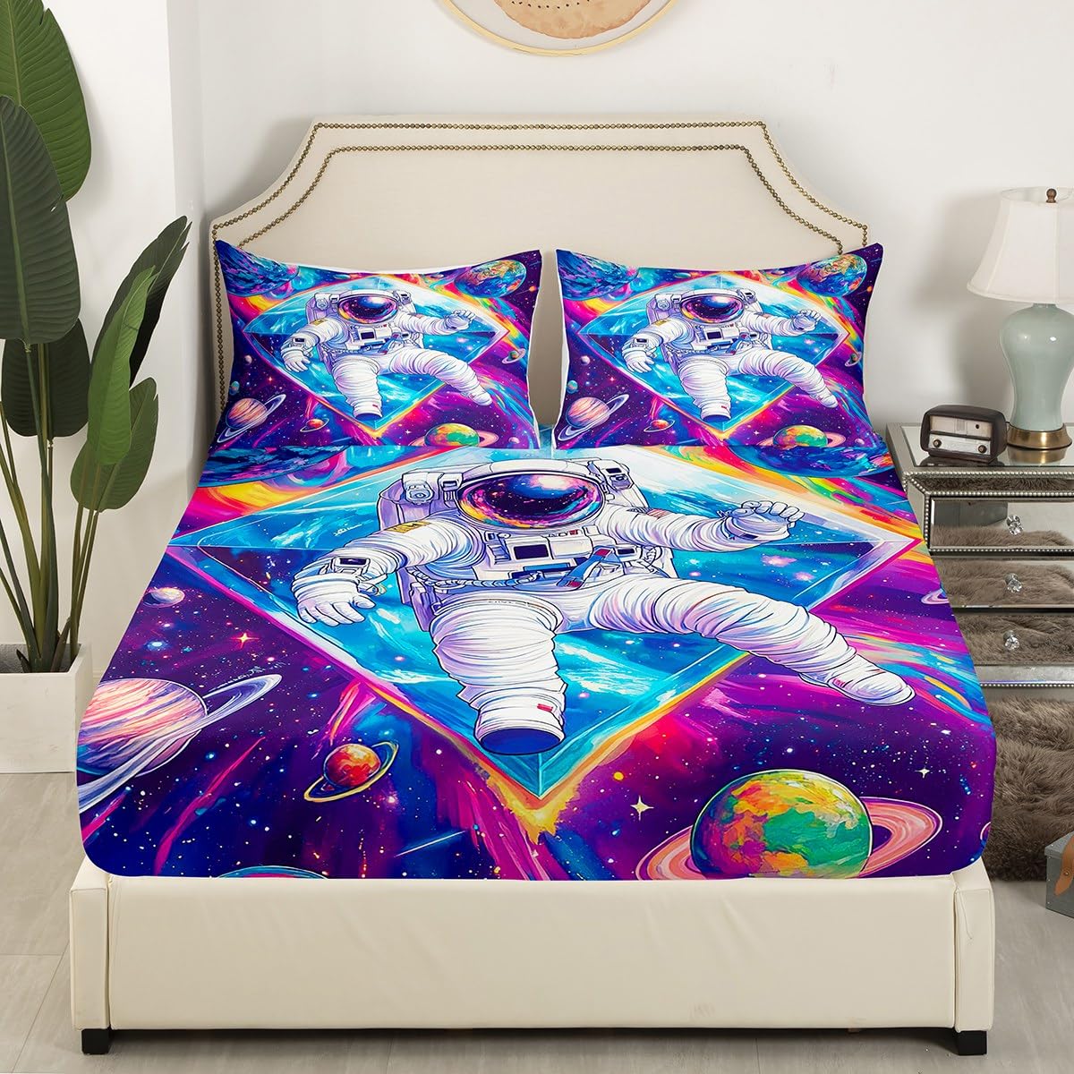 Feelyou Astronaut Sheet Set Queen Size Kids Outer Space Sheets with Deep Pocket Fitted Sheet for Boys Teens Cosmonaut Spaceman Bed Sheets Set Breathable Galaxy Bedding Set Universe Planets Bed Set