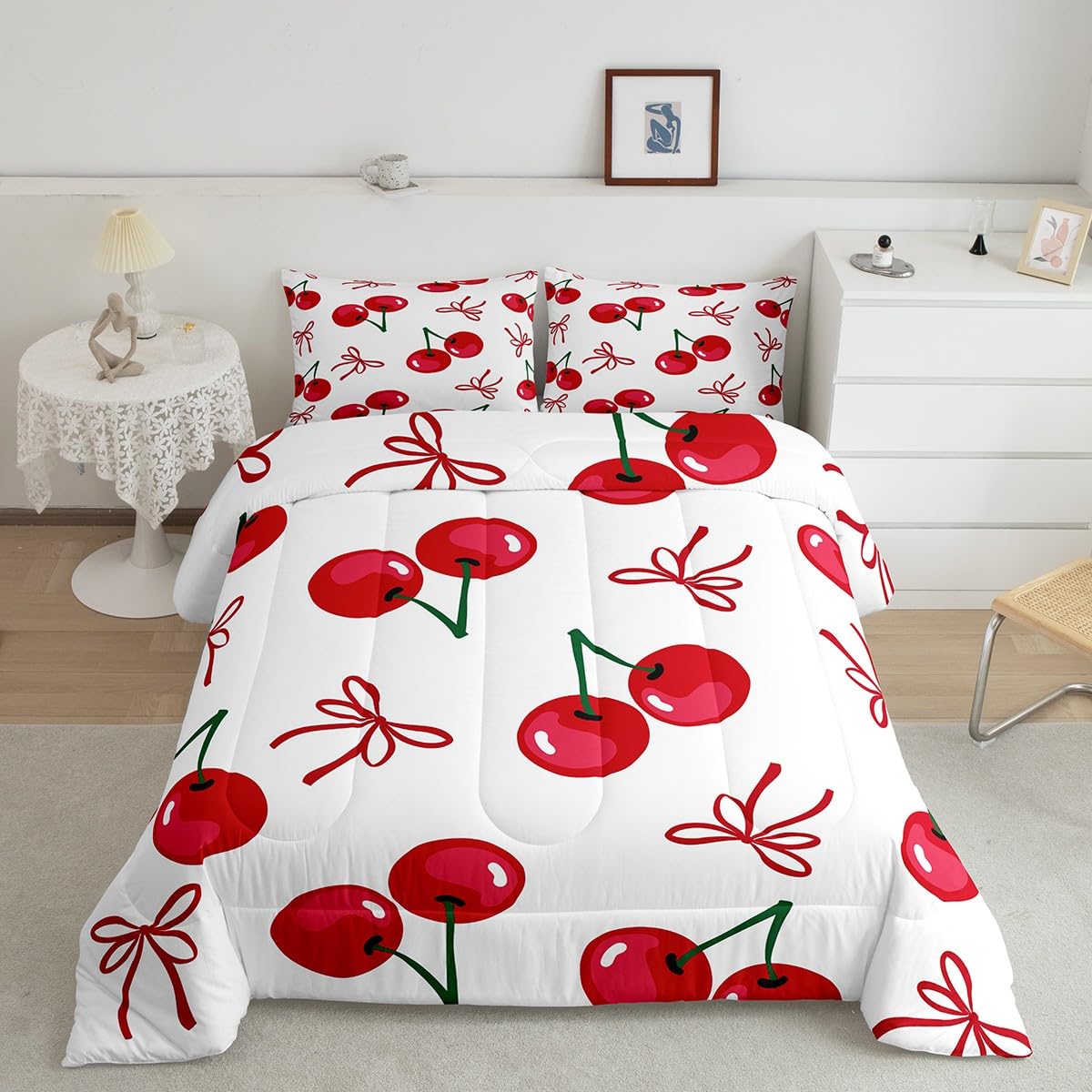 Manfei Cherry Bowknot Kids Comforter Set Twin Size,Geometric Patchwork Bow Tie Bedding Set,Girls Princess Room Decor,Tropical Fruit Butterfly Knot Down Comforter,Red Chic Duvet Insert,1 Pillowcase
