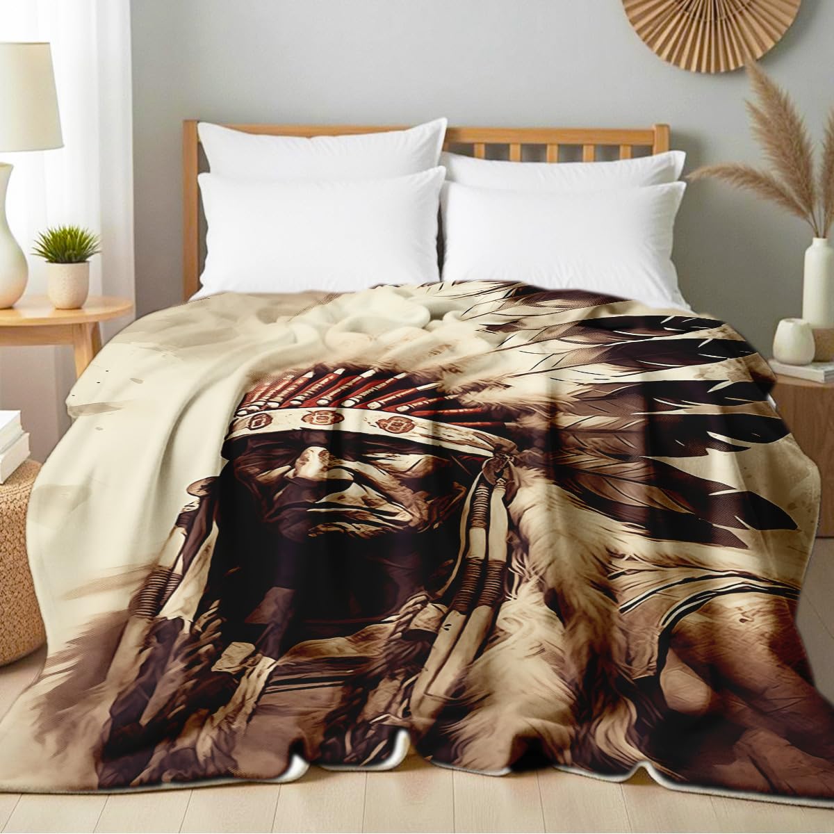 HUNXIAOJ Native American Blankets for Men Indian Print Blankets and Throws for Couch Bed Room Home Western Decor Flannel Throws Queen Size Native American Indian Gifts (49"x59")