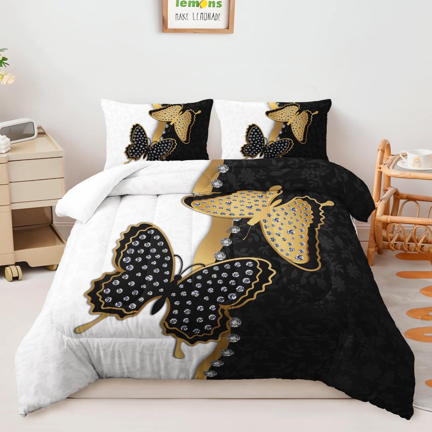 AILONEN Butterfly Comforter Set Queen Size, Black Gold Butterfly Diamonds Pattern Bedding Set for Girls Adults,Luxury Black White Soft Lightweight Duvet Set 3 Pieces(1 Comforter + 2 Pillowcases)